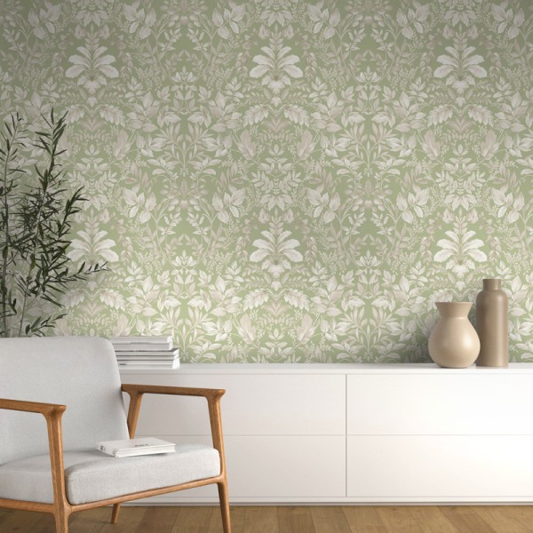 Papel De Parede Damasco Floral Bege E Verde