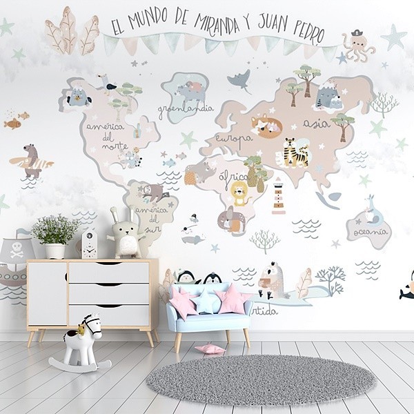 Mural Mapa Infantil con Texto y Nombre personalizable en papel pintado para  paredes Fantasía VCMF-006