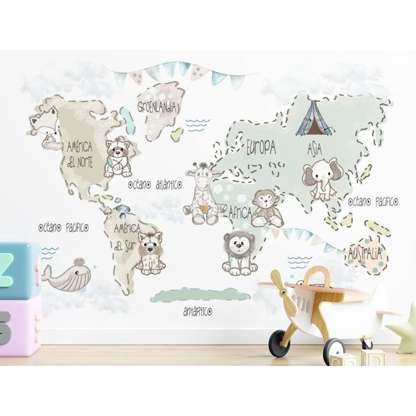Mural papel pintado infantil Mapa Mundi Travel Gris