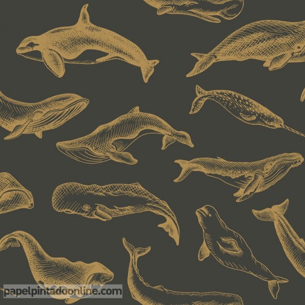 papel pintado ballenas doradas fondo negro, decoración elegante para baño con papeles pintados calidad vinilico