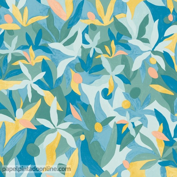 papel de parede com folhas de aquarela em azul, amarelo e verde