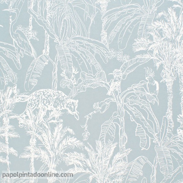 paper pintat de la selva amb animals i plantes d'estil tropical fons de color blau perlat 218