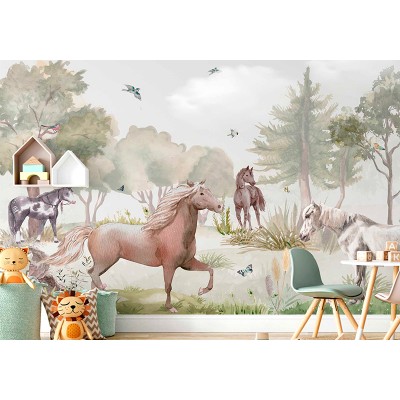 Mural Infantil Bosque de Sueños con ciervos y animales entre los árboles, papel  pintado para paredes infantil ANIM577