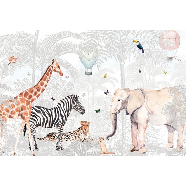 Papel pintado infantil elefantes, tigres y jirafas en la vegetación -  Little Zoo 126628