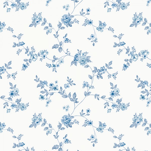 papel pintado con flores pequeñas de color azul con un fondo blanco