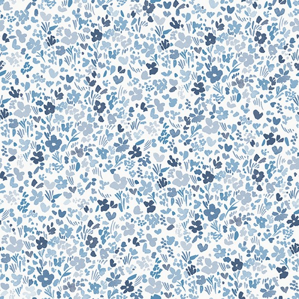 papel de parede com flores pequenas cor azul com fundo branco