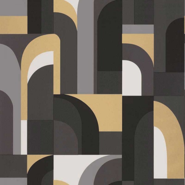 Papel de parede abstrato art deco cor cinza, preto e branco com tons ouro metálico