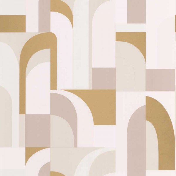 Papel de pared art deco geométrico abstrato cor bege, rosa e branco com ouro metálico de Labyrinth de Caselio