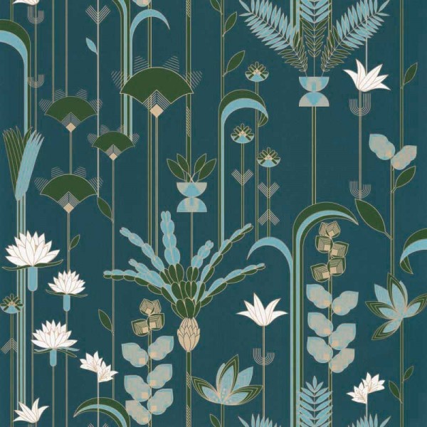 papel de parede art deco floral com plantas e flores cor azul aqua, verde escuro, ouro metálico e fundo azul escuro de Labyrinth