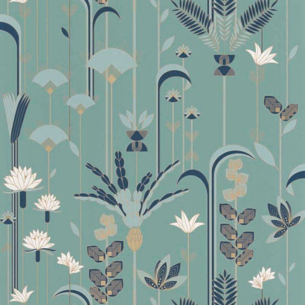 paper pintat art deco floral amb plantes y flors de color blau fosc, blanc i daurat metal·litzat amb fons verd aigua marina.