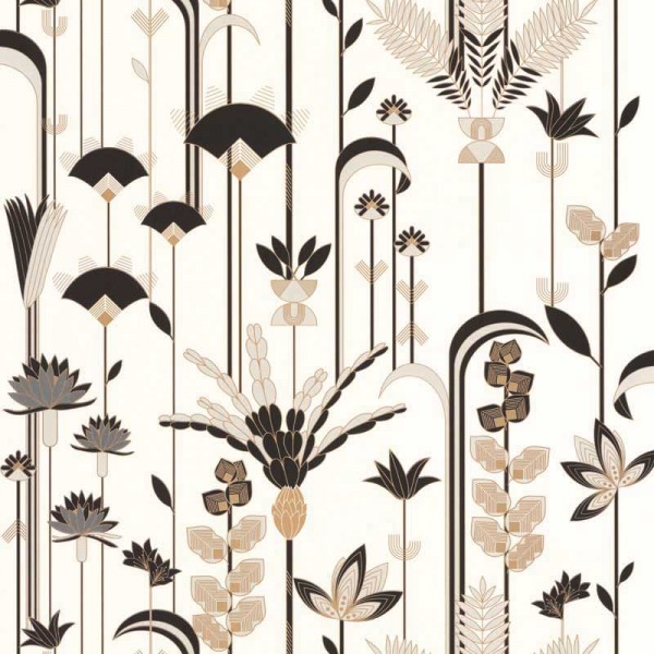 papel de parede art deco floral com plantas e flores cor preto, bege, ouro metálico e fundo branco.