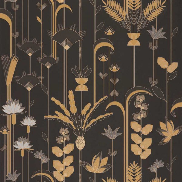 papel de parede art deco floral com plantas e flores cor preto e ouro metálico.