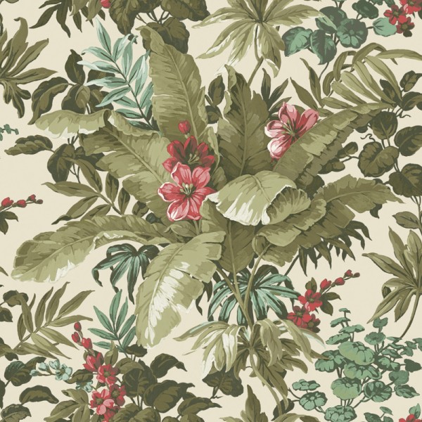 Papel de parede de jardim floral cheio de plantas verdes e rosas e rosas com fundo creme