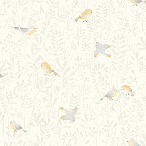 papel pintado infantil con pájaros y plantas de color gris y blanco