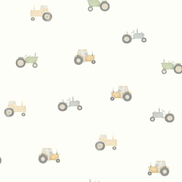 paper pintat infantil amb tractors de color gris, mostassa i verd oliva.