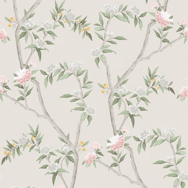 paper pintat estil chinoiserie, conté branques i flors de color gris, rosa i verd amb fons beix.