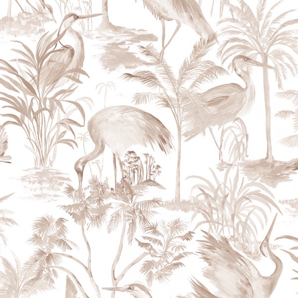 papel de parede tropical com flamingos cor bege.