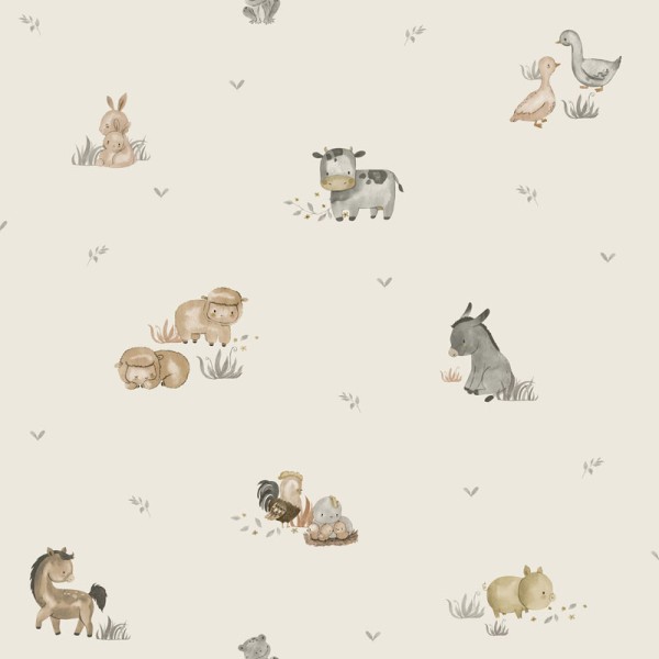 Papel pintado animales en la granja beige