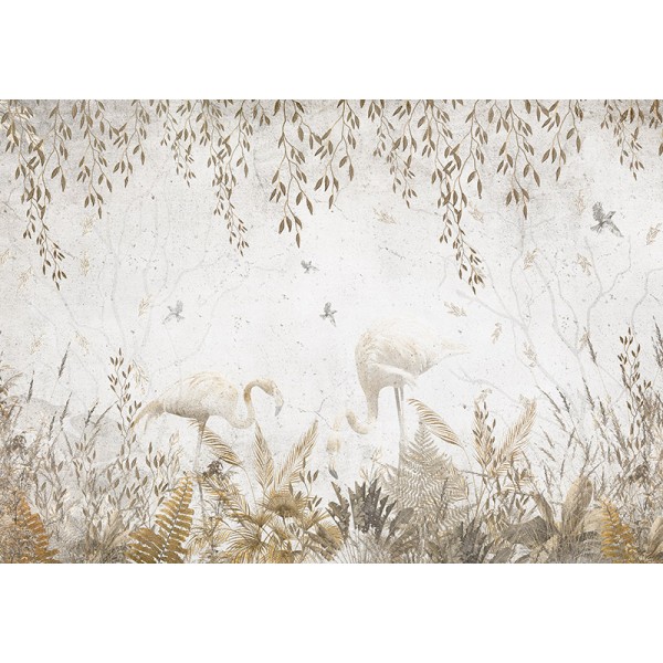 mural com flamingos e natureza bege