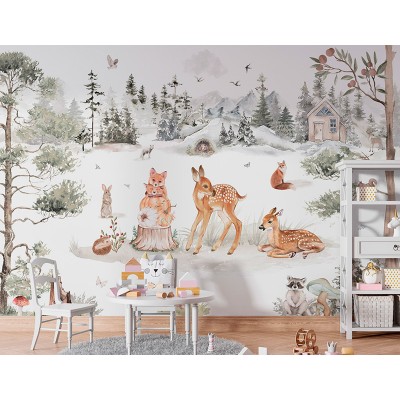 Mural Infantil Paraíso con un paisaje idílico de árboles, pájaros y  mariposas, papel pintado para paredes infantiles ANIM523