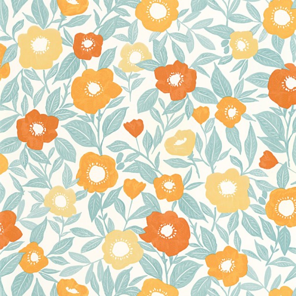 Papel de parede FLORES RETRO TURQUESA E LARANJA