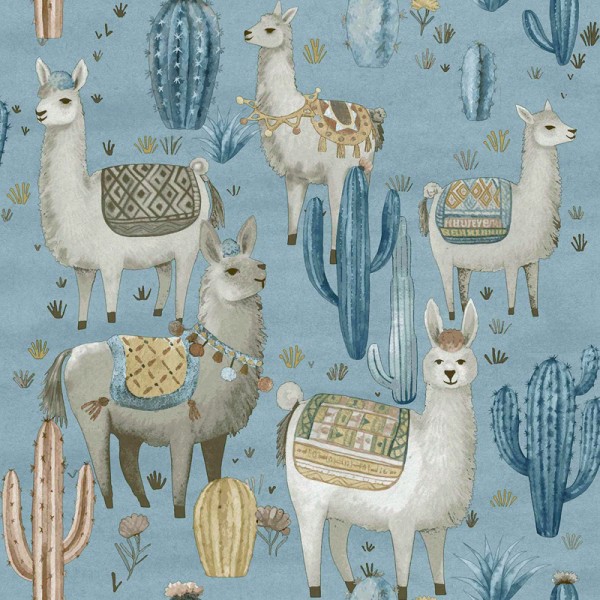 Papel pintado infantil CACTUS Y LLAMAS AZUL