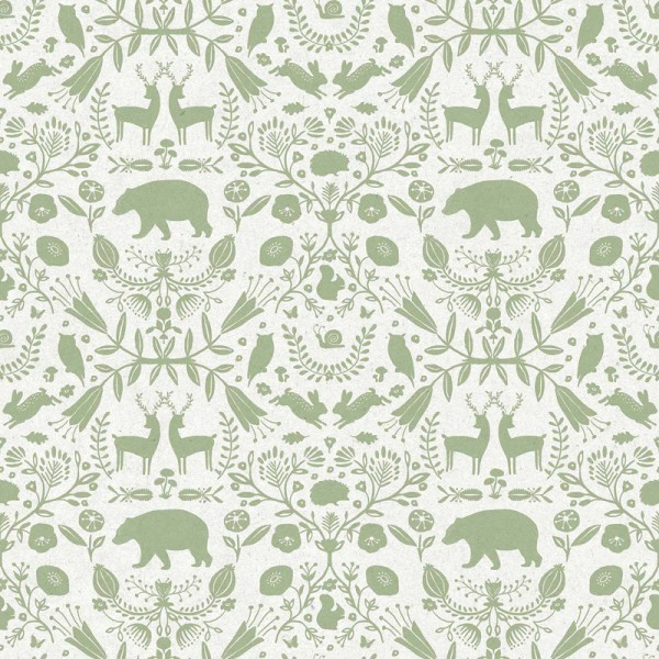 Papel pintado infantil DAMASCO ANIMALES VERDE