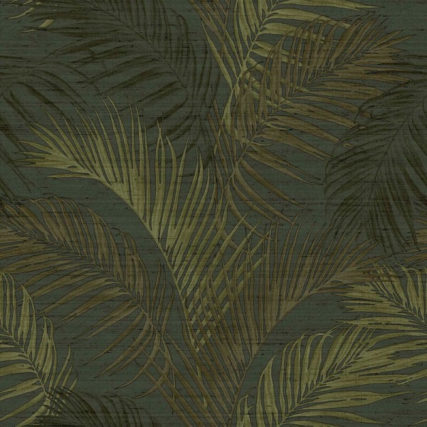 Papel pintado HOJAS PALMERA VERDE DORADO CON NEGRO 33319