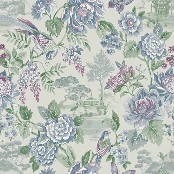 Papel de parede FLORES ORIENTAIS AZUL E LAVANDA JE91832