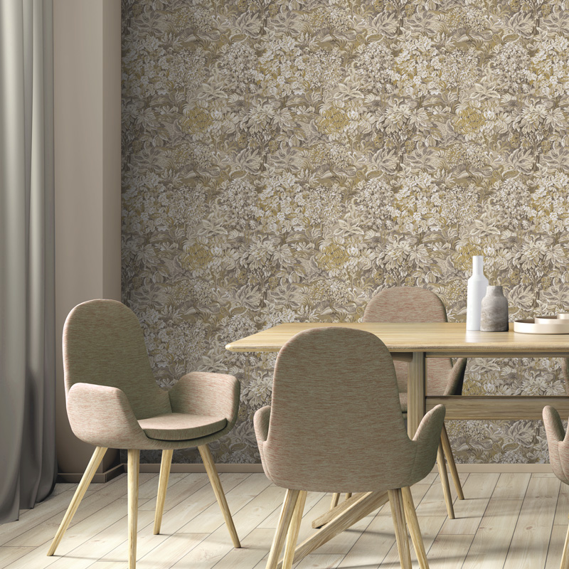 Papel Pintado Pared Beige Motivo Floral - Hojas, Plantas, Arbustos